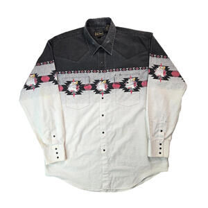 High Noon Vintage Southwestern Aztec Eagle Graphic Pearl Snap Shirt Mens Size XL